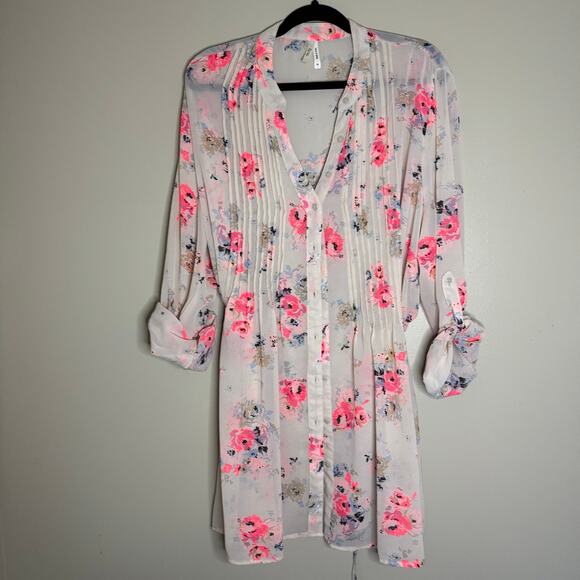 Truth‎ NYC Women V-Neck Cream Floral Long Sleeve Sheer Blouse Plus Size 3XL - Picture 1 of 8
